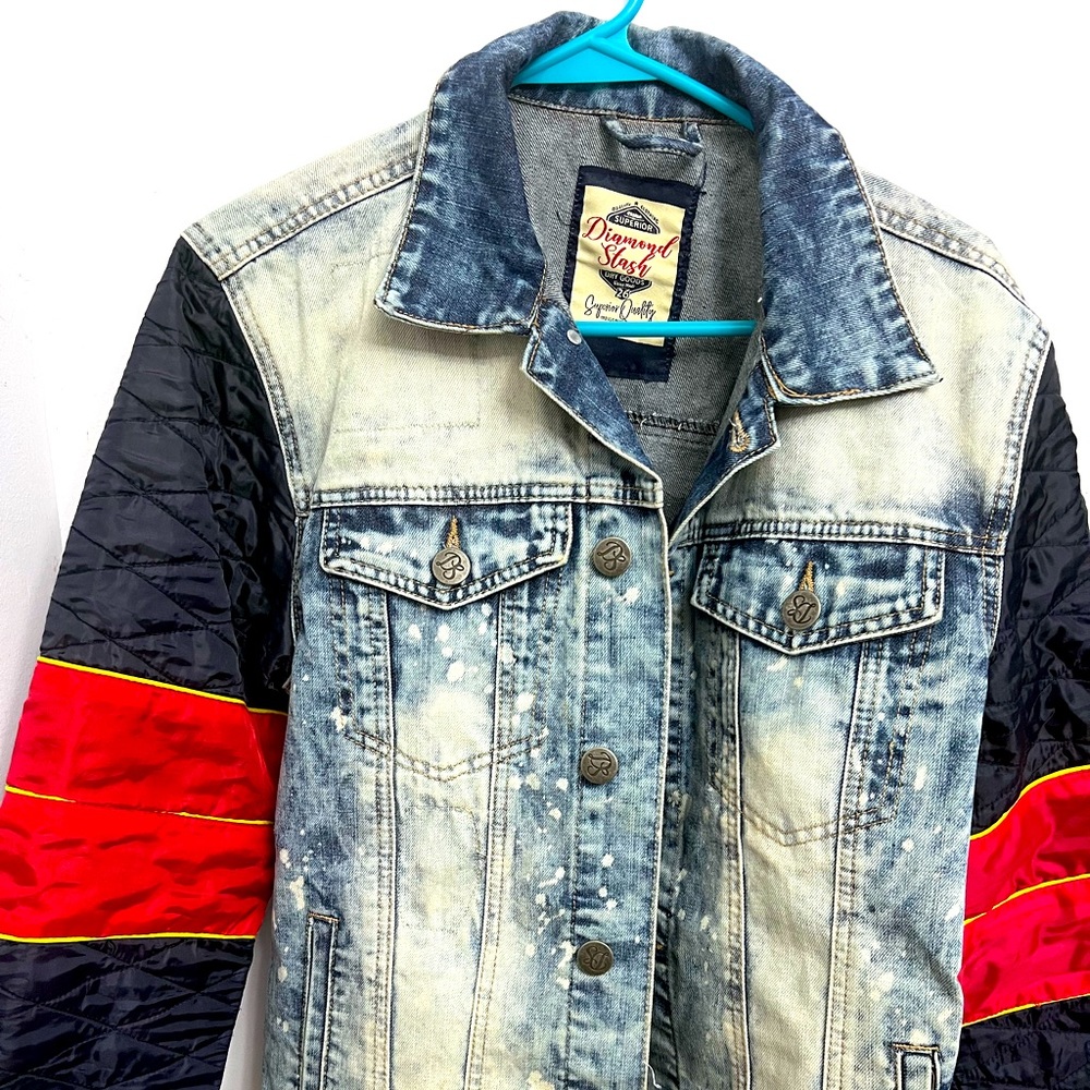 Diamond Stash Jean Jacket Medium Denim Quilted Trucker Coat Distressed Funky